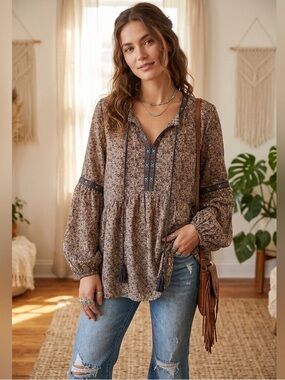 Alchemy Thread Paisley Boho Peasant Blouse Tassel Tie Size L